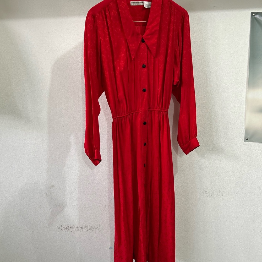 Liz Claiborne Vintage Silk Vibrant Red Long Sleeve Midi Dress